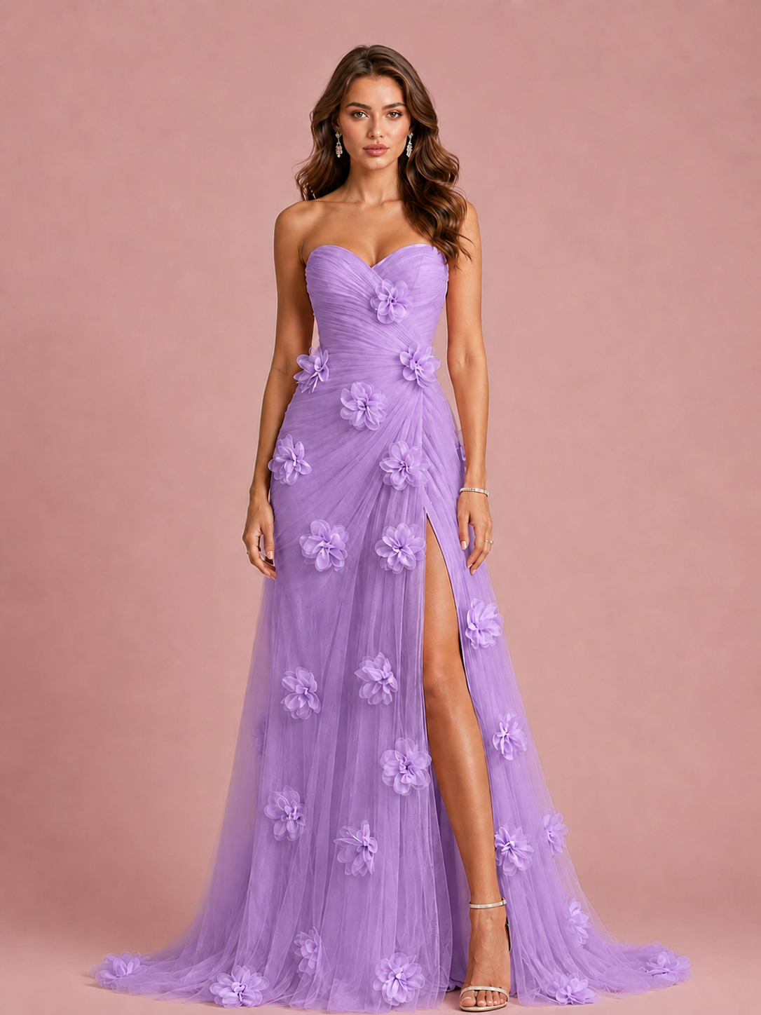 Pink 3D Floral Applique Strapless Tulle Prom Dress with High Slit