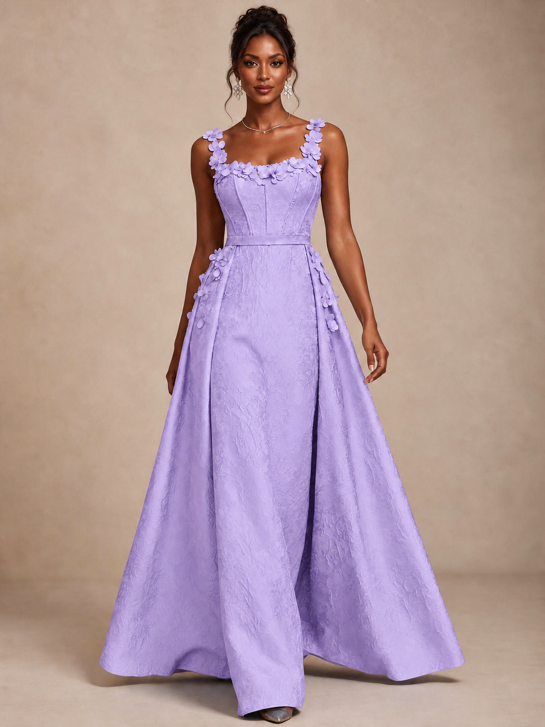 Light Blue 3D Floral Jacquard Prom Dress with Detachable Overskirt Corset Gown