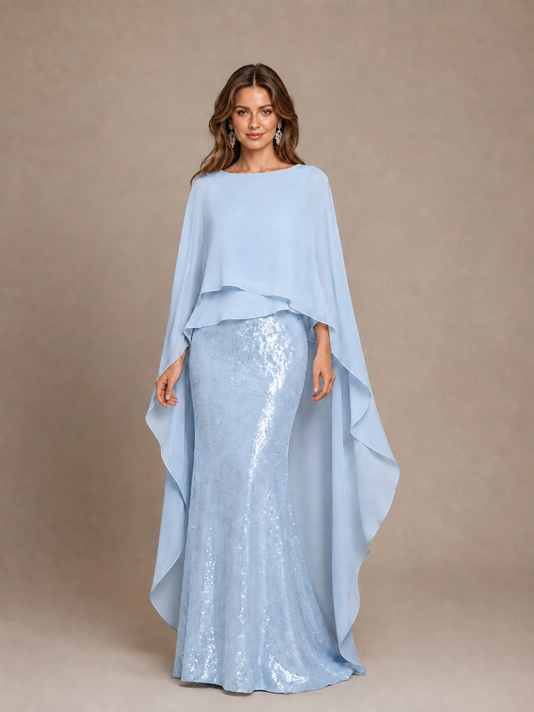 Sage Green Sequin Cape Sleeve Mother of the Bride Gown