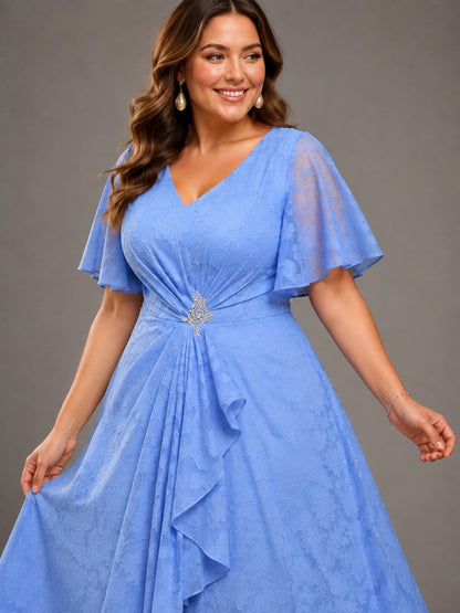 Light Blue A-Line V-Neck High-Low Lace Mother of the Bride Dress