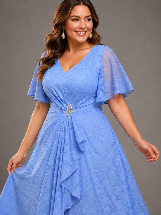 Light Blue A-Line V-Neck High-Low Lace Mother of the Bride Dress