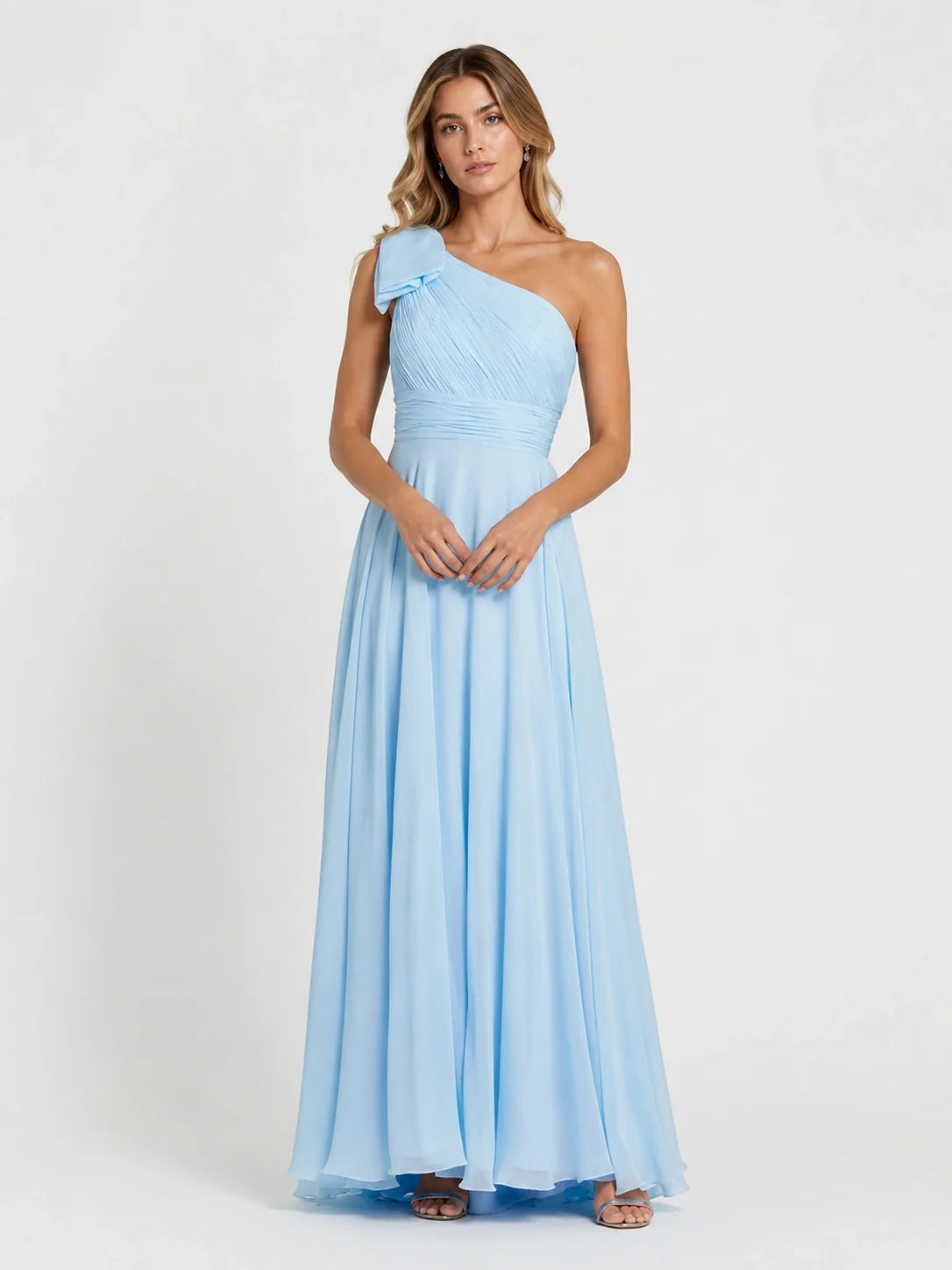 Light Blue Chiffon One Shoulder Bridesmaid Dress with Pleated Bow