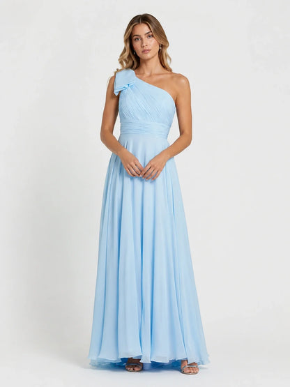 Light Blue Chiffon One Shoulder Bridesmaid Dress with Pleated Bow