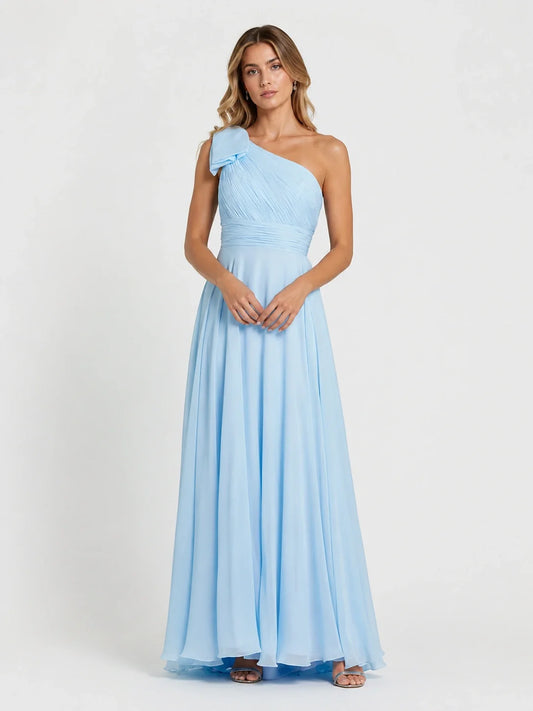 Light Blue Chiffon One Shoulder Bridesmaid Dress with Pleated Bow