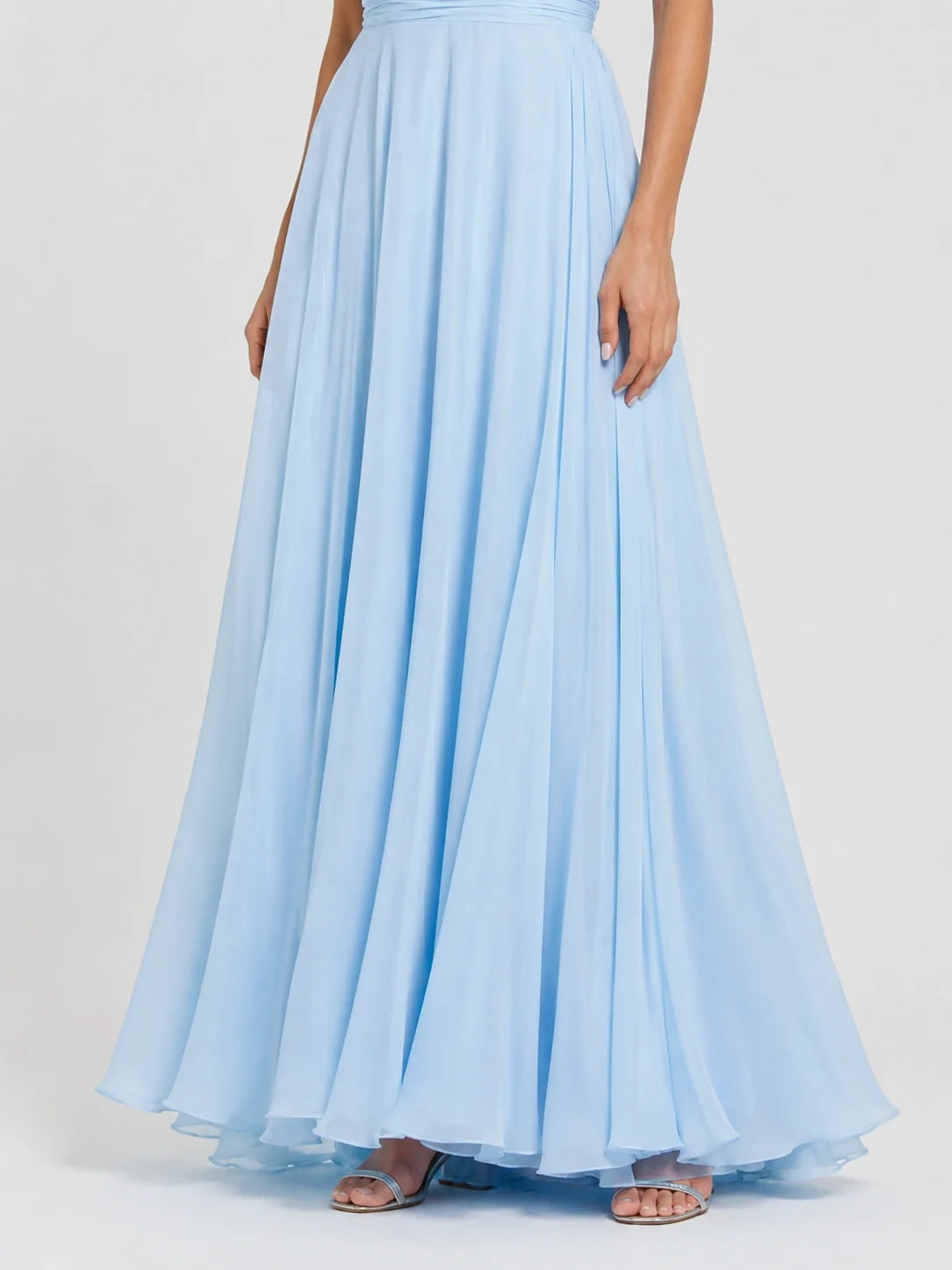 Light Blue Chiffon One Shoulder Bridesmaid Dress with Pleated Bow