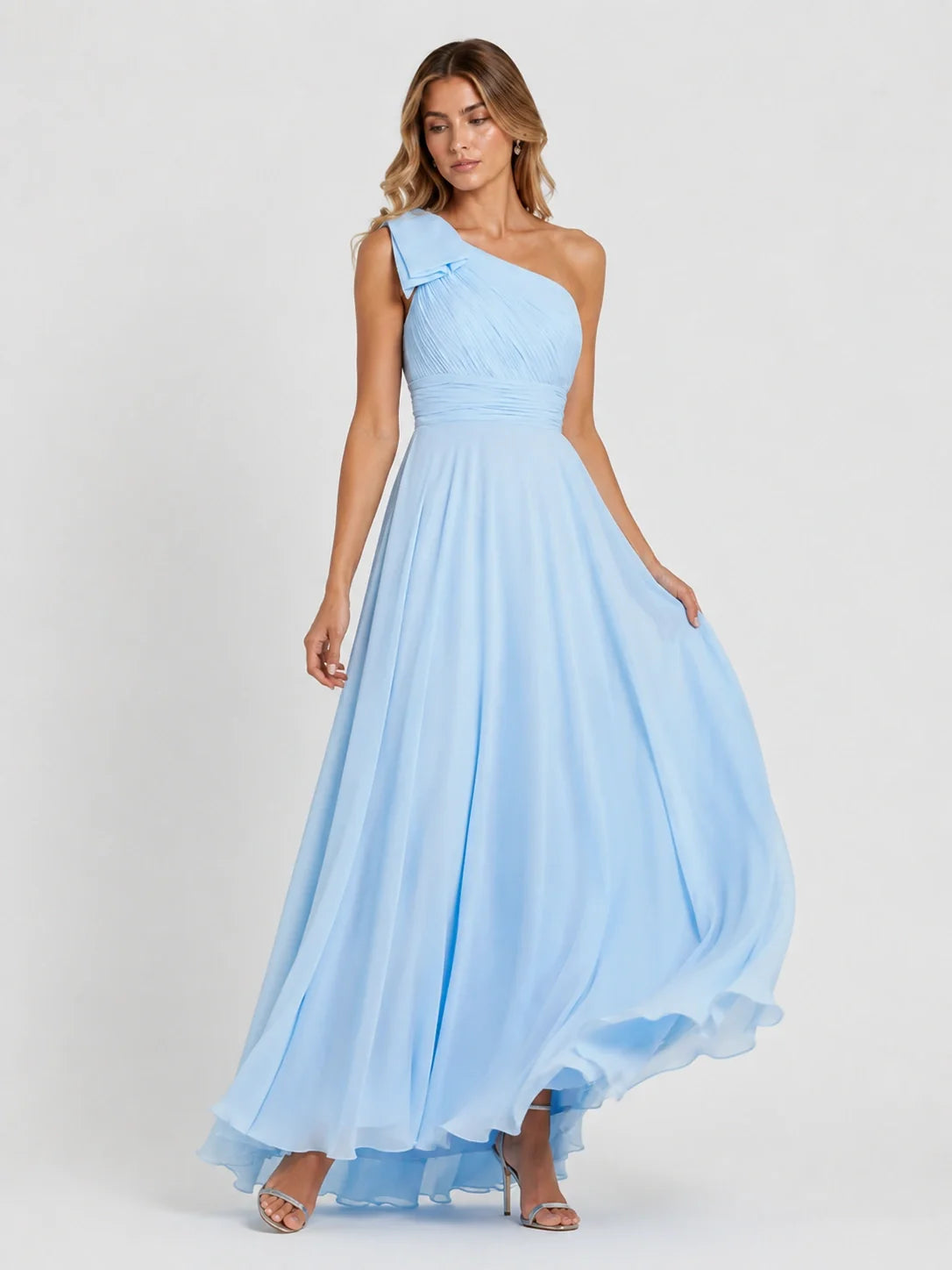 Light Blue Chiffon One Shoulder Bridesmaid Dress with Pleated Bow