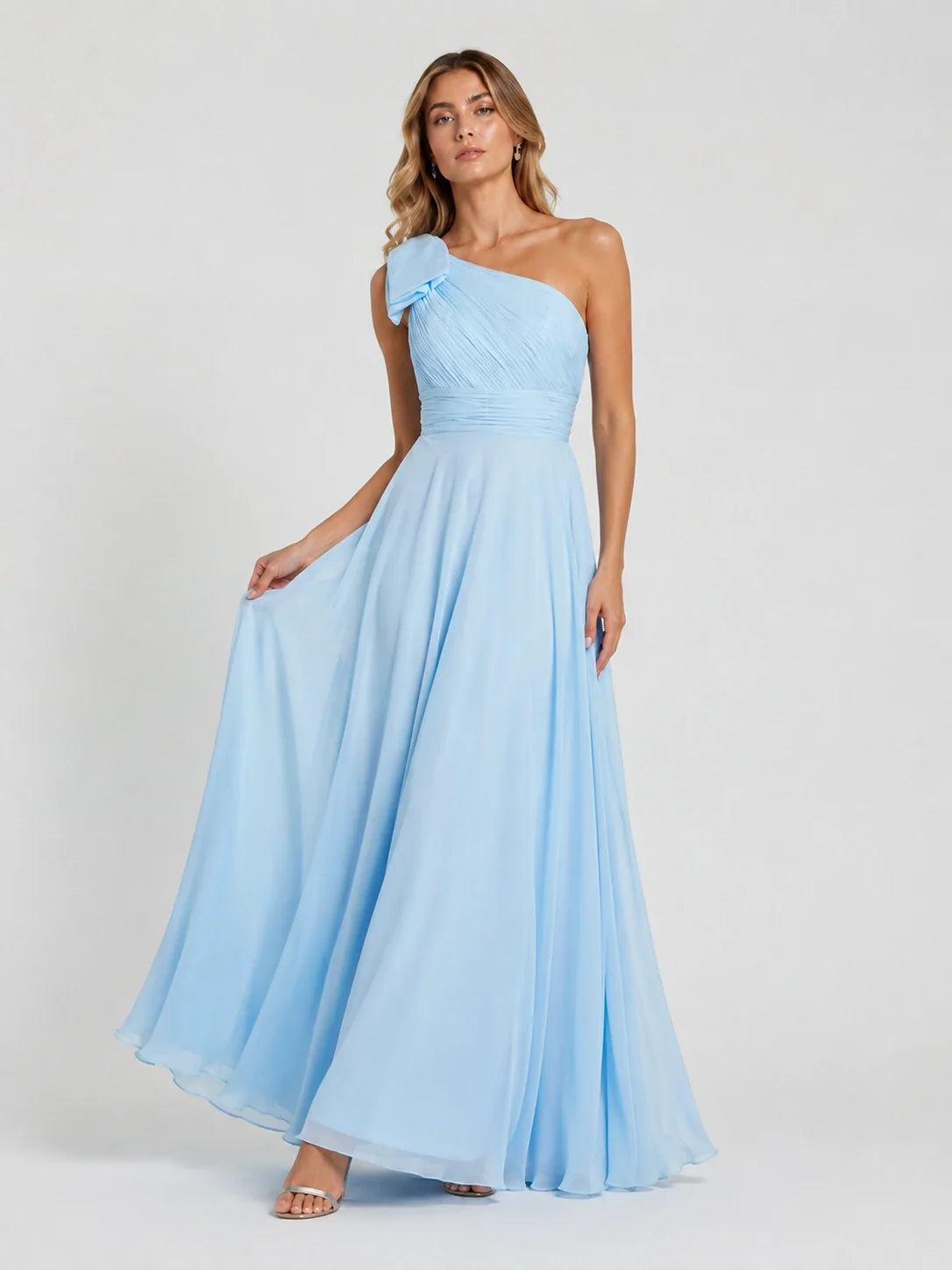 Light Blue Chiffon One Shoulder Bridesmaid Dress with Pleated Bow