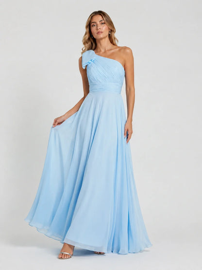 Light Blue Chiffon One Shoulder Bridesmaid Dress with Pleated Bow