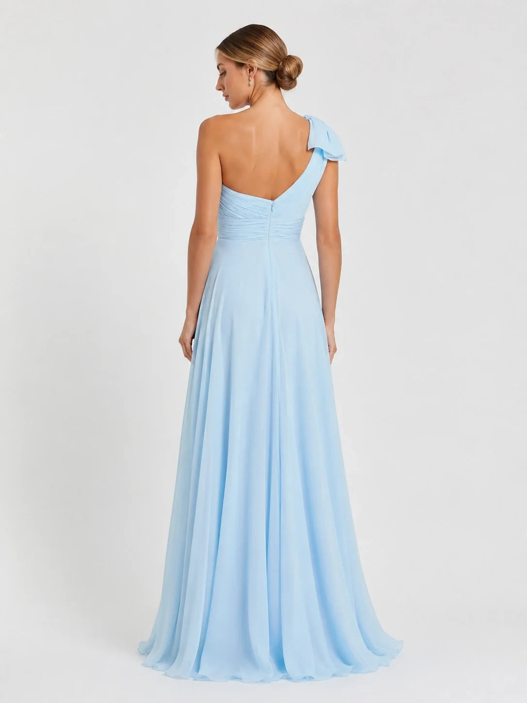 Light Blue Chiffon One Shoulder Bridesmaid Dress with Pleated Bow
