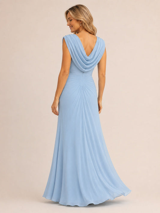 Light Blue Cowl Neck Ruched Chiffon Mother of the Bride Dress