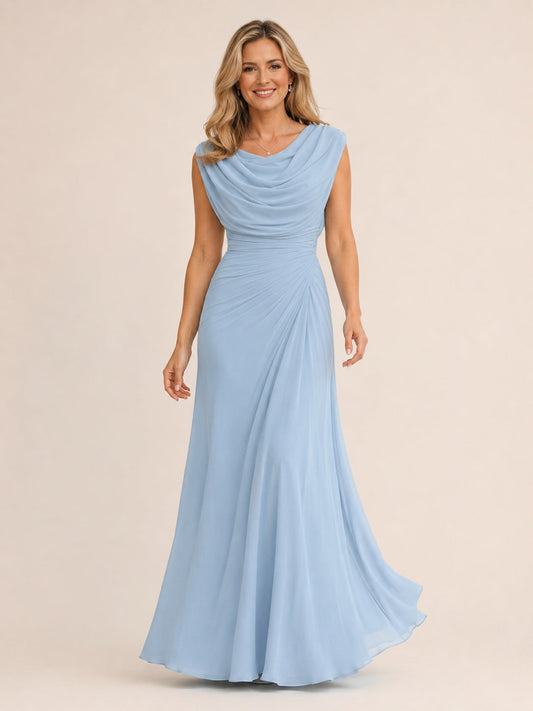 Light blue cowl neck ruched chiffon mother of the bride dress