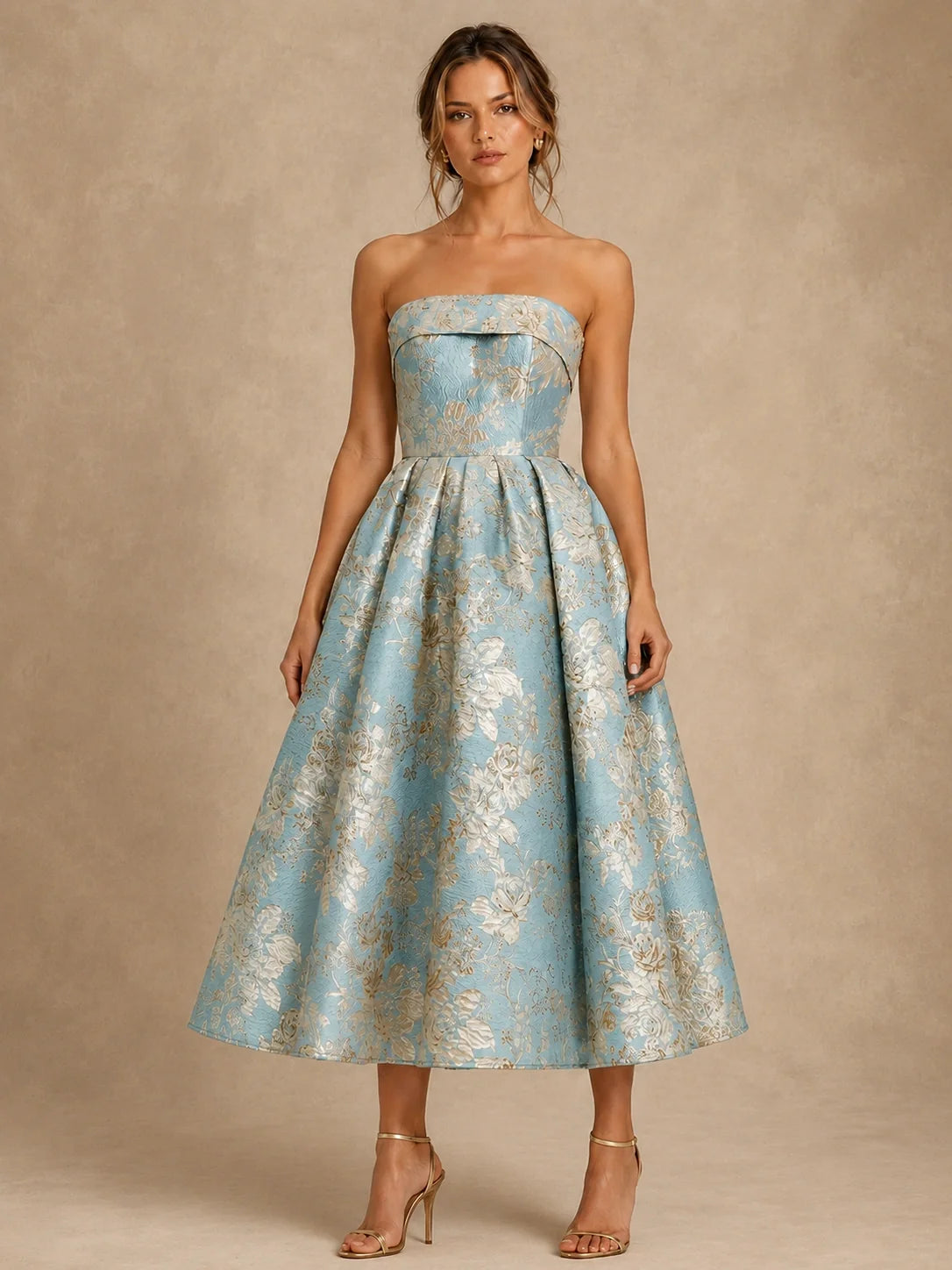 Light Blue Mother of the Bride Dress with Strapless Floral Jacquard