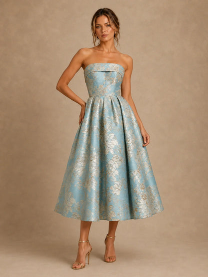 Light Blue Mother of the Bride Dress with Strapless Floral Jacquard