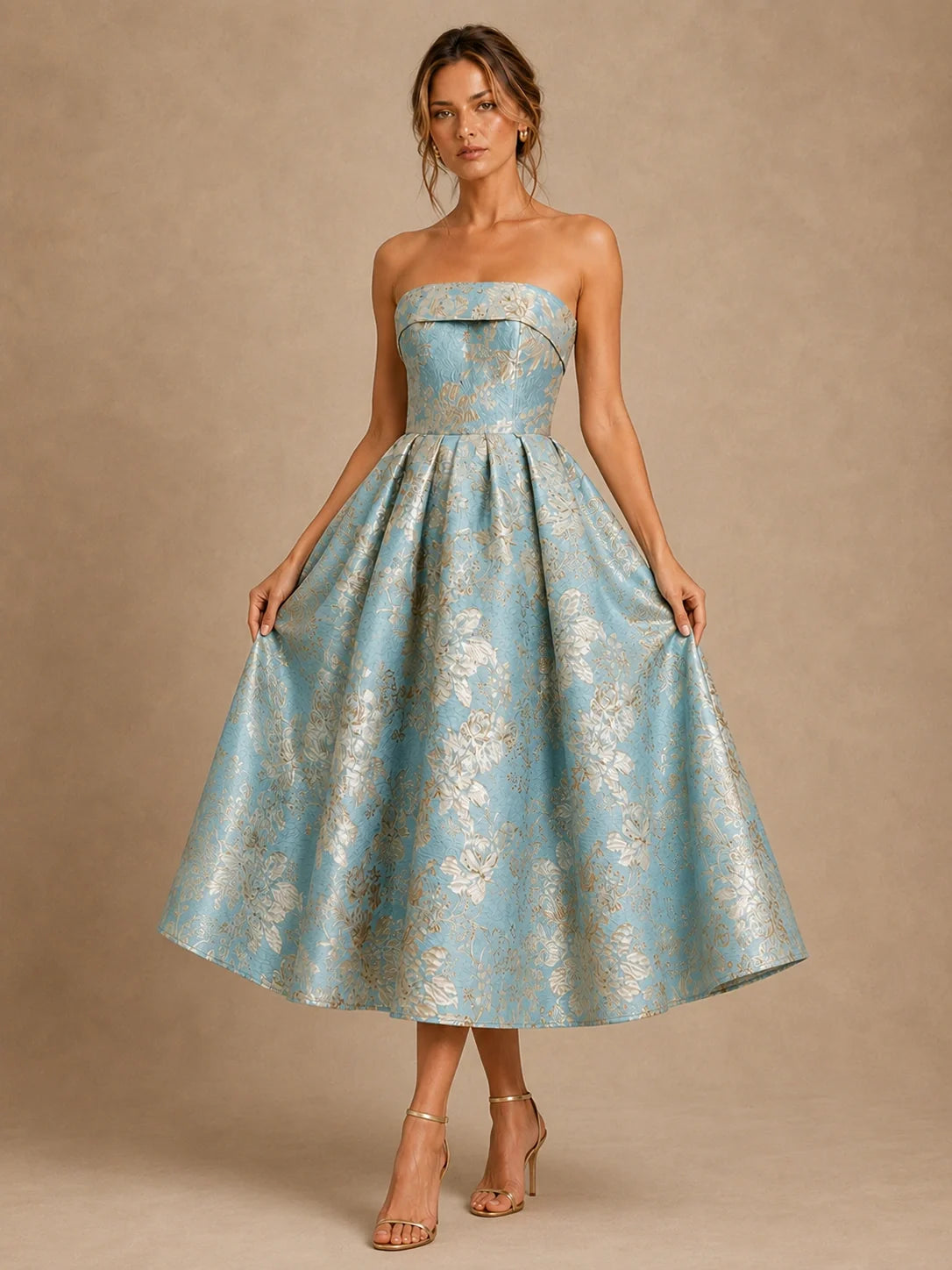 Light Blue Mother of the Bride Dress with Strapless Floral Jacquard