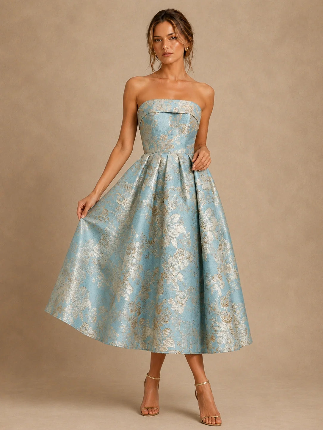 Light Blue Mother of the Bride Dress with Strapless Floral Jacquard