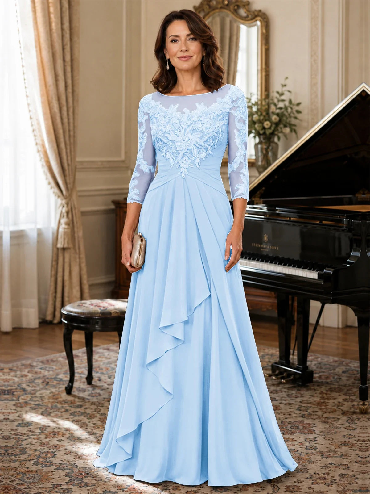 A-Line Chiffon Mother of the Bride Dress with Floral Applique 3/4 Sleeves