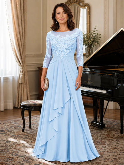 A-Line Chiffon Mother of the Bride Dress with Floral Applique 3/4 Sleeves