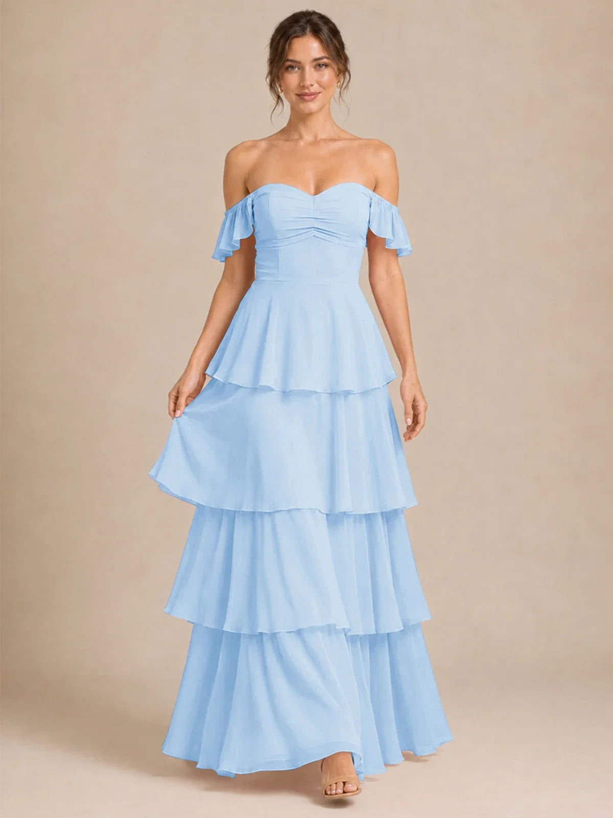 Off Shoulder Tiered Chiffon A-Line Bridesmaid Dress