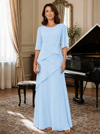Asymmetric Draped Chiffon Mother of the Bride Dress with Flutter Sleeves