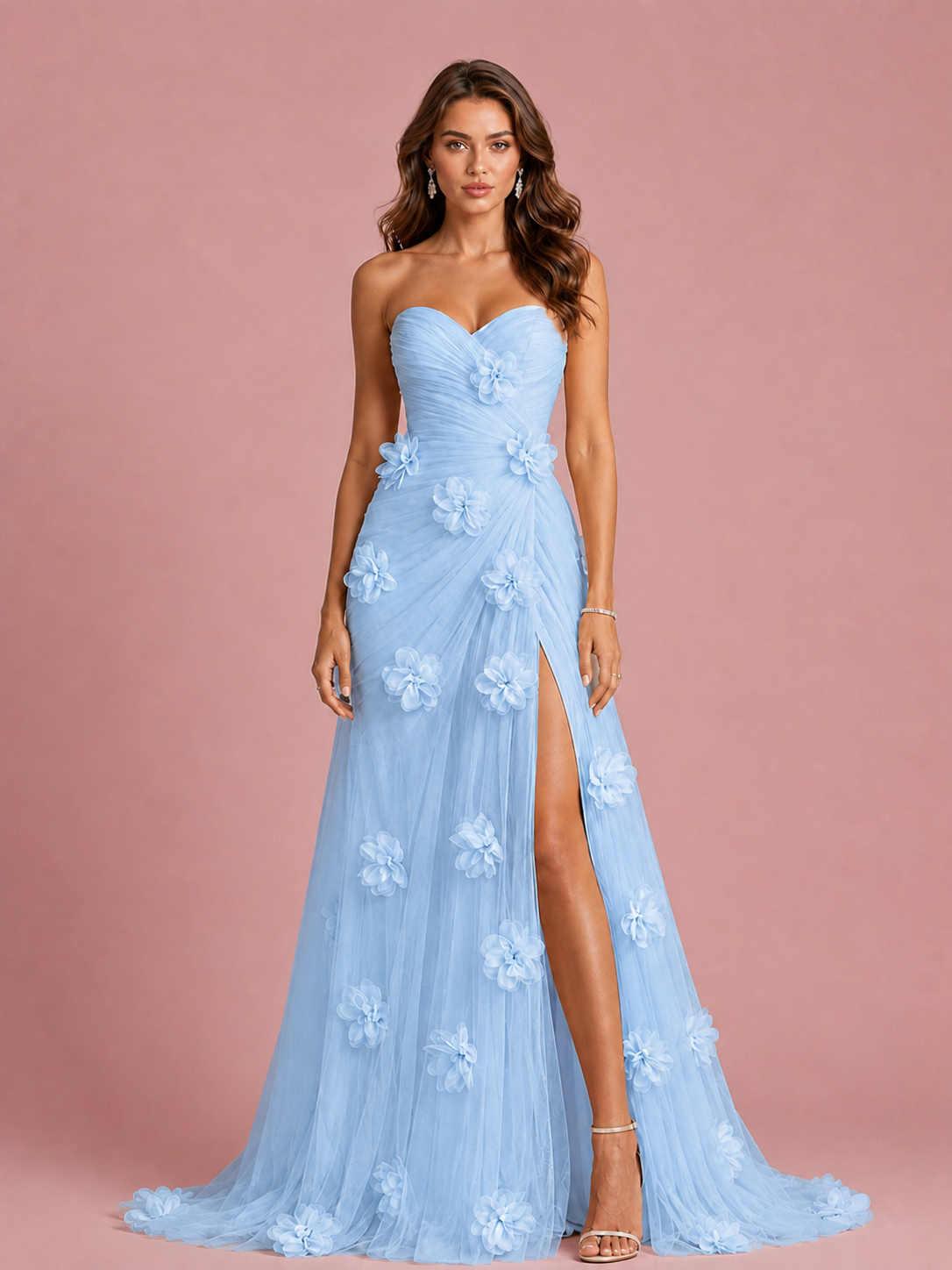 Pink 3D Floral Applique Strapless Tulle Prom Dress with High Slit