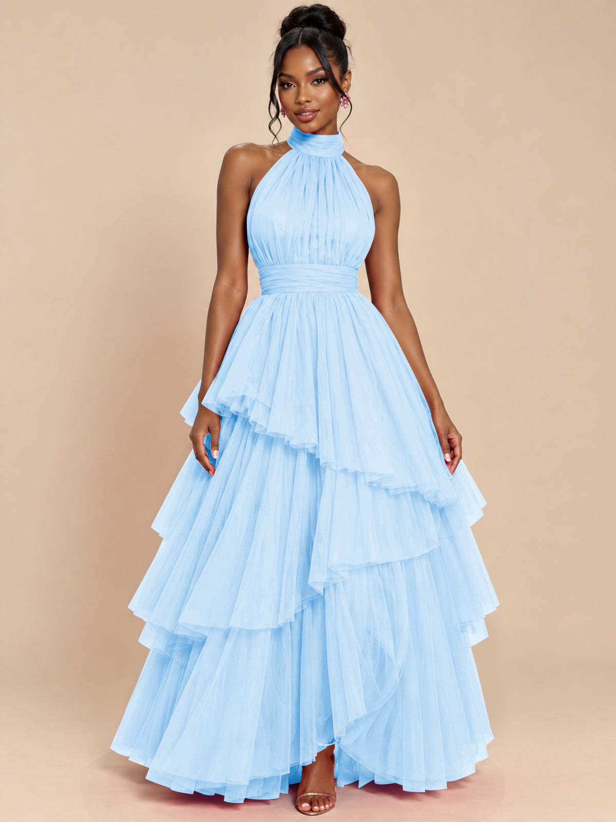 Hot Pink Tulle Halter Neck Tiered Ruffle Maxi Dress