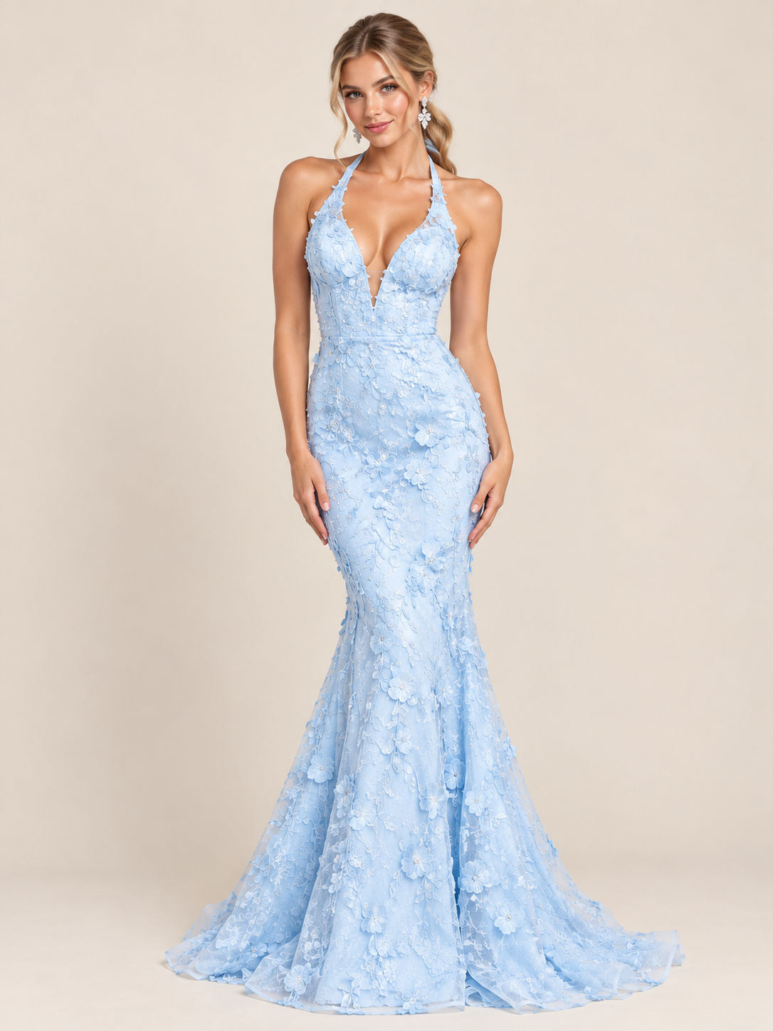 Light Blue 3D Floral Halter Mermaid Prom Dress