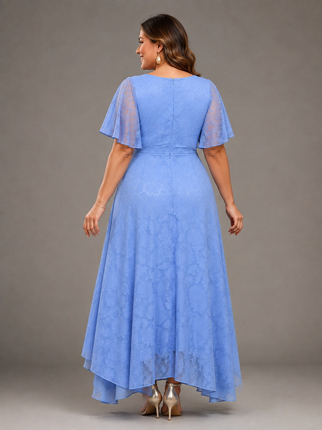 Light Blue A-Line V-Neck High-Low Lace Mother of the Bride Dress
