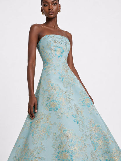Light Blue Floral Jacquard Strapless A-Line Maxi Dress