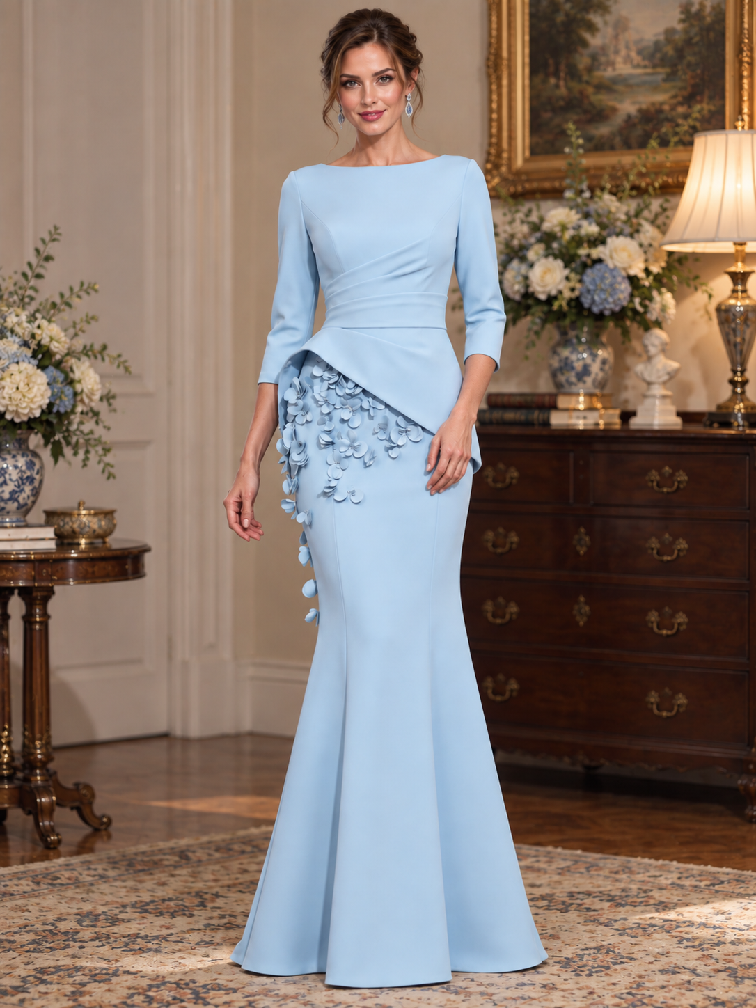 Light Blue 3/4 Sleeve Mermaid Mother of the Bride Dress with 3D Floral Applique