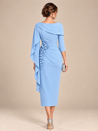 Light Blue Cape Sleeve Mother of the Bride Midi Dress with Floral Applique