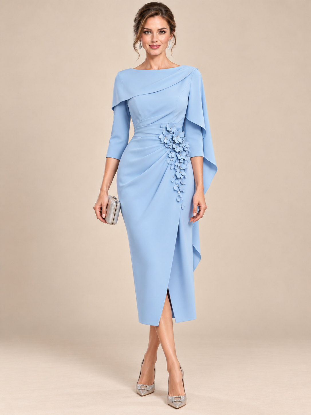 Light blue cape sleeve midi mother of the bride dress with 3D floral appliqué