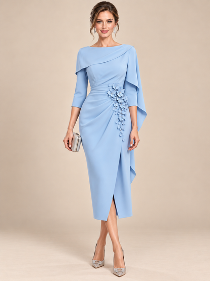 Light blue cape sleeve midi mother of the bride dress with 3D floral appliqué