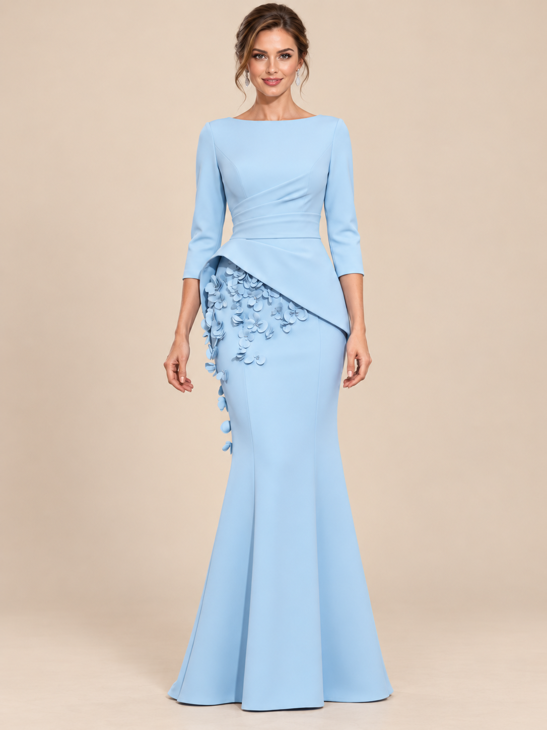 Light blue mother of the bride mermaid gown with 3/4 sleeves, boat neckline and 3D floral applique