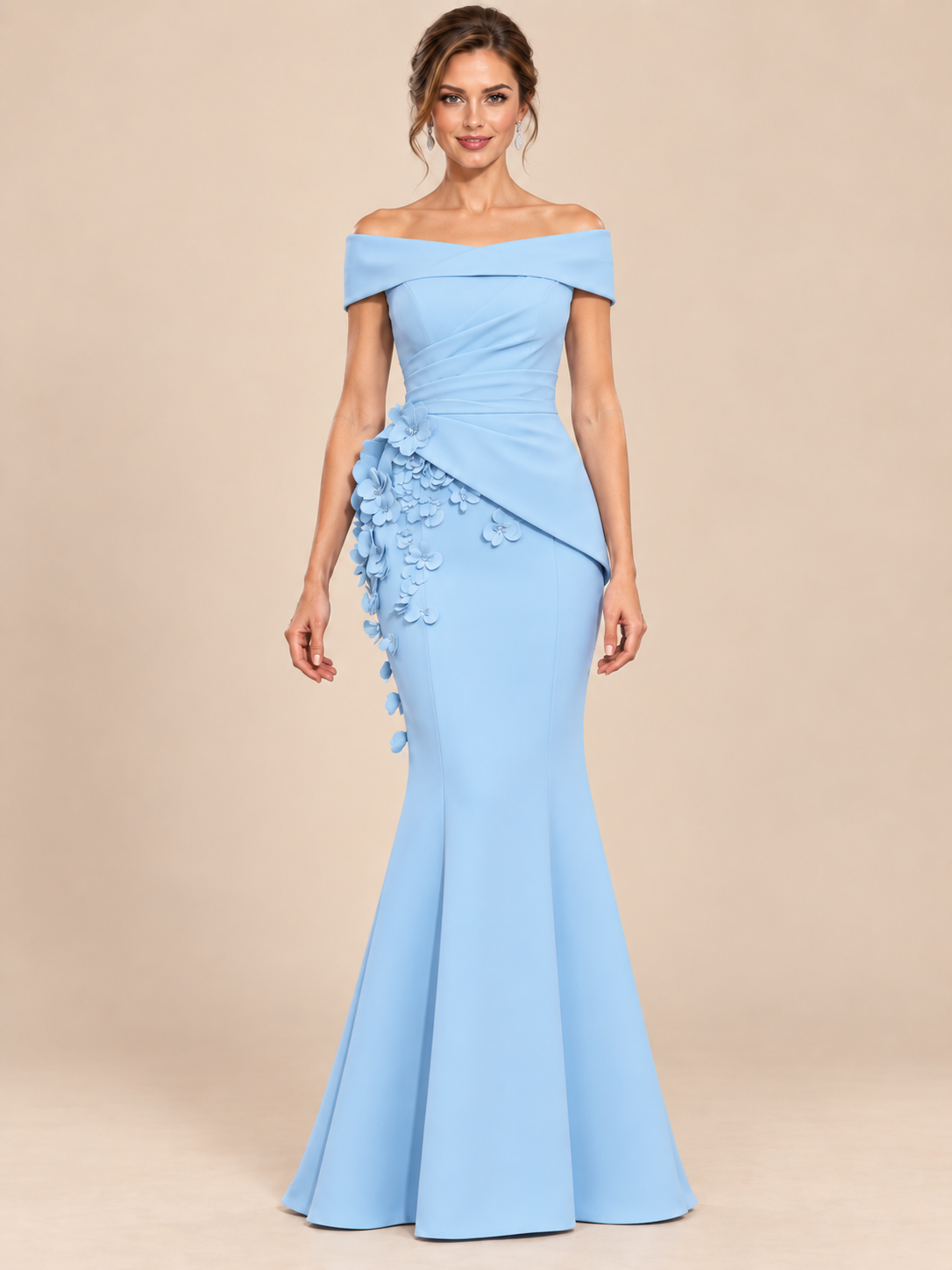 Light blue off shoulder mother of the bride dress with 3D floral applique