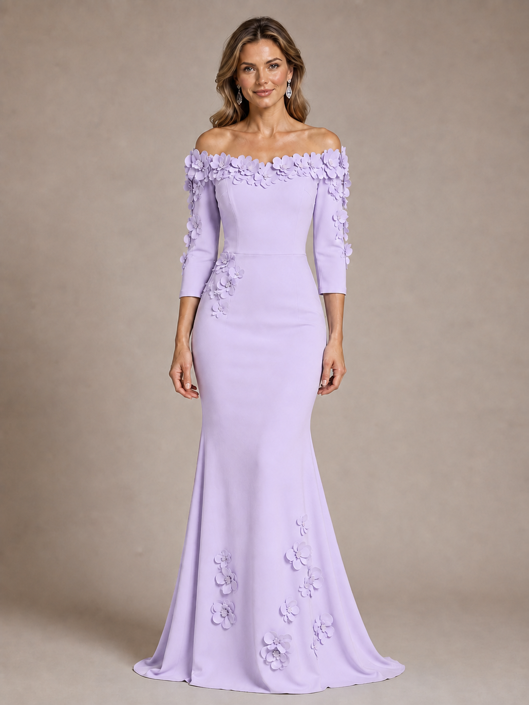 Light Blue 3D Floral Applique Off-the-Shoulder Mother of the Bride Dress