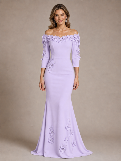 Light Blue 3D Floral Applique Off-the-Shoulder Mother of the Bride Dress