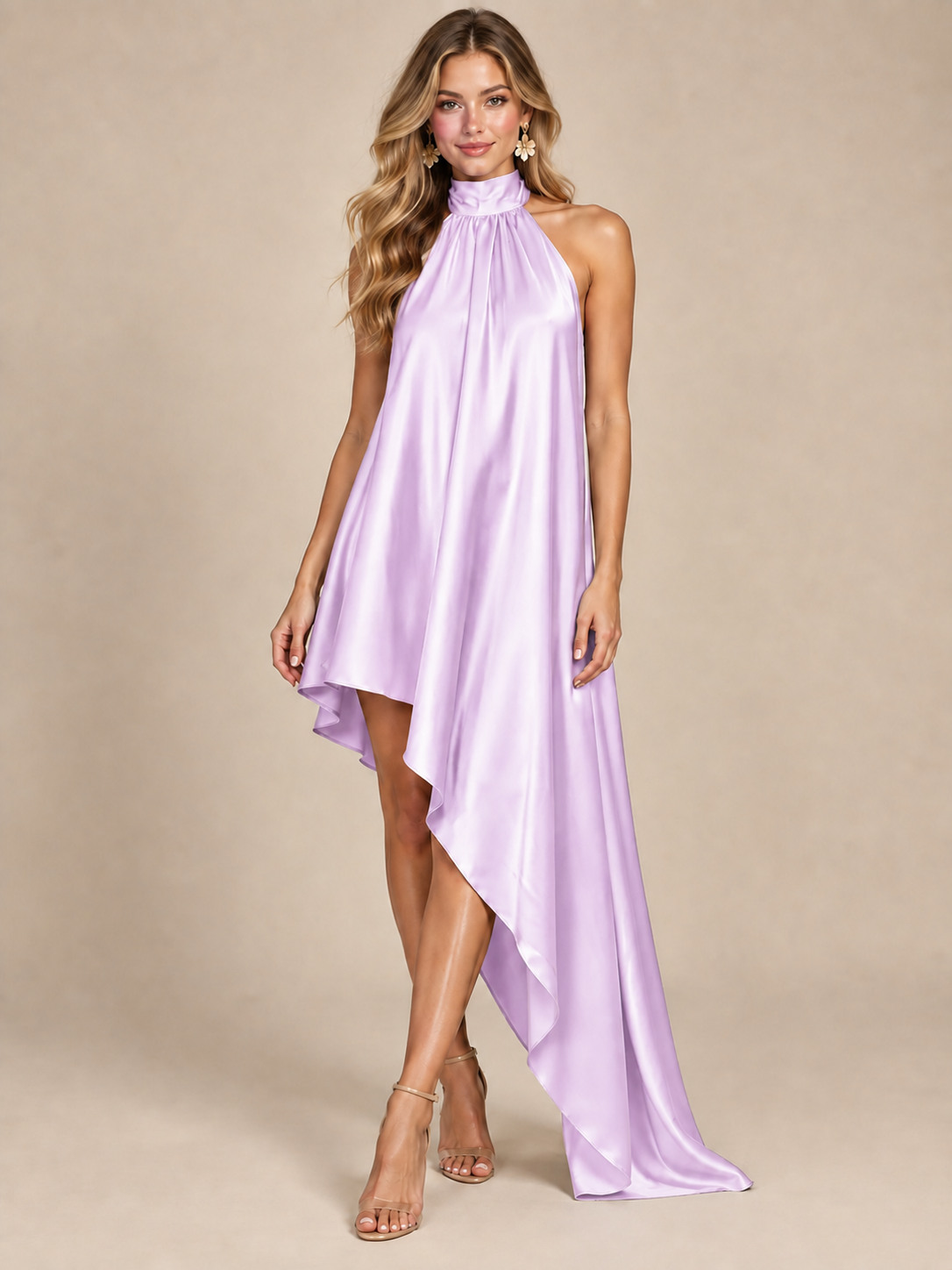 Sage Green Satin Halter Neck High-Low Maxi Dress