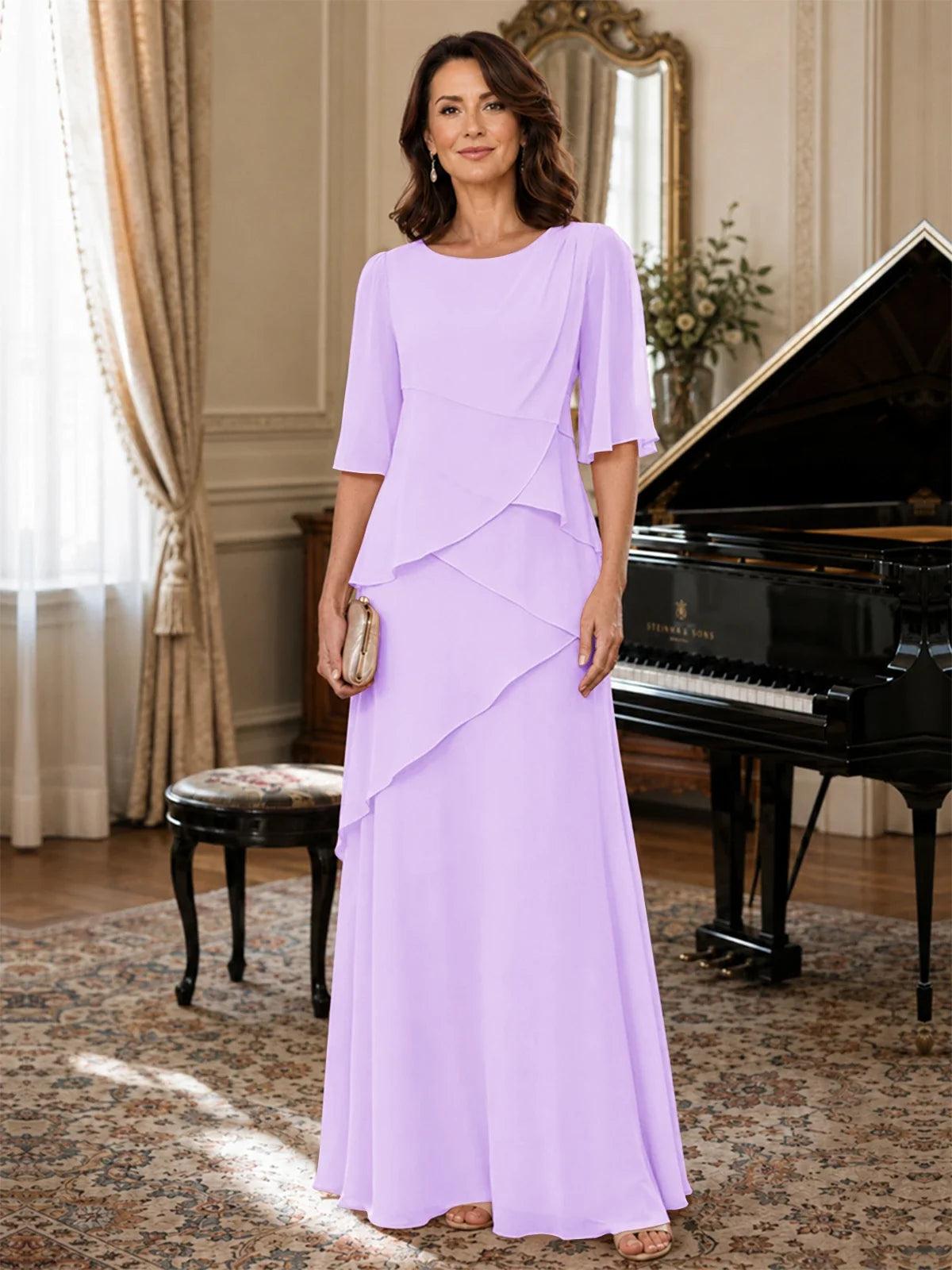 Asymmetric Draped Chiffon Mother of the Bride Dress with Flutter Sleeves