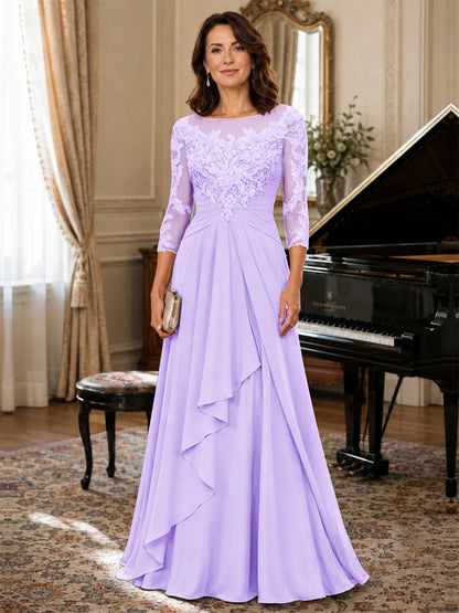 A-Line Chiffon Mother of the Bride Dress with Floral Applique 3/4 Sleeves