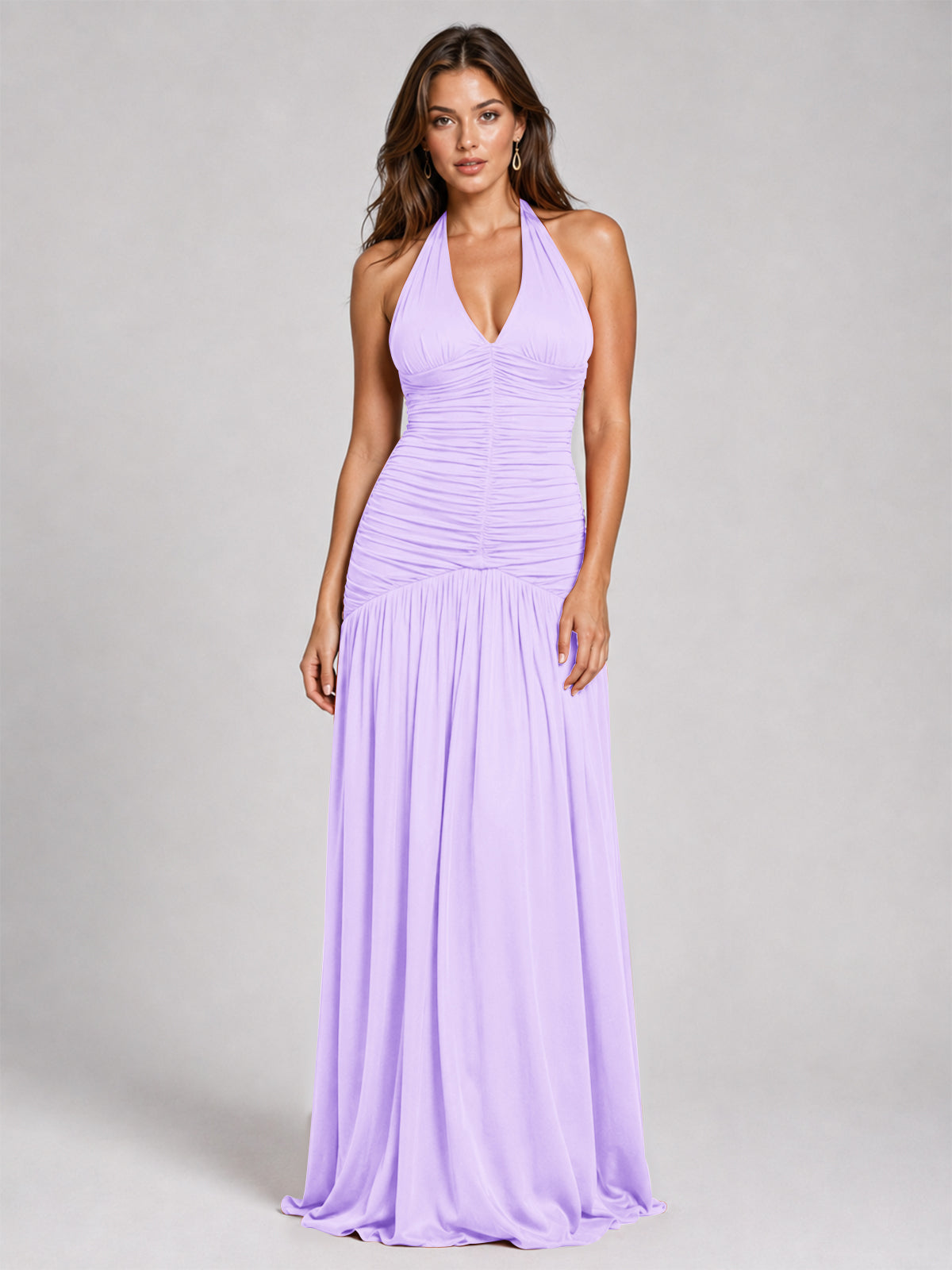 Burnt Orange Ruched Halter Drop-Waist Prom Dress