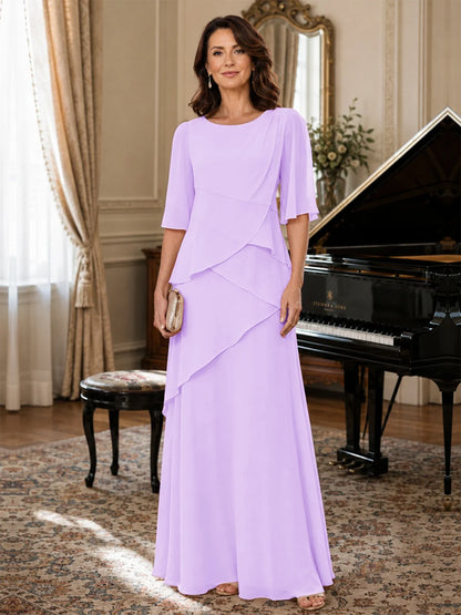 Asymmetric Draped Chiffon Mother of the Bride Dress with Flutter Sleeves