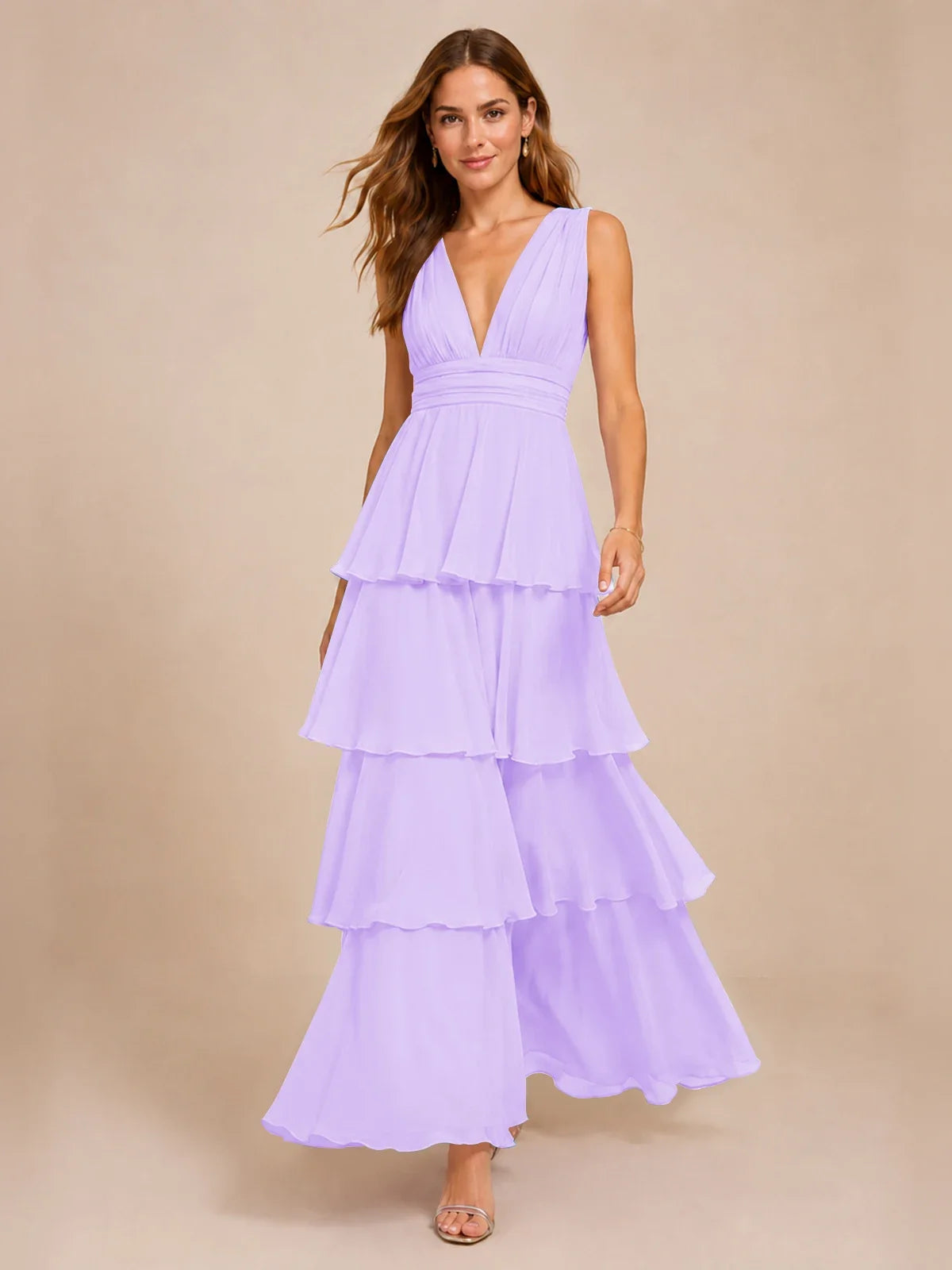 Elegant Deep V Neck Chiffon Bridesmaid Dress with Tiered Ruffles