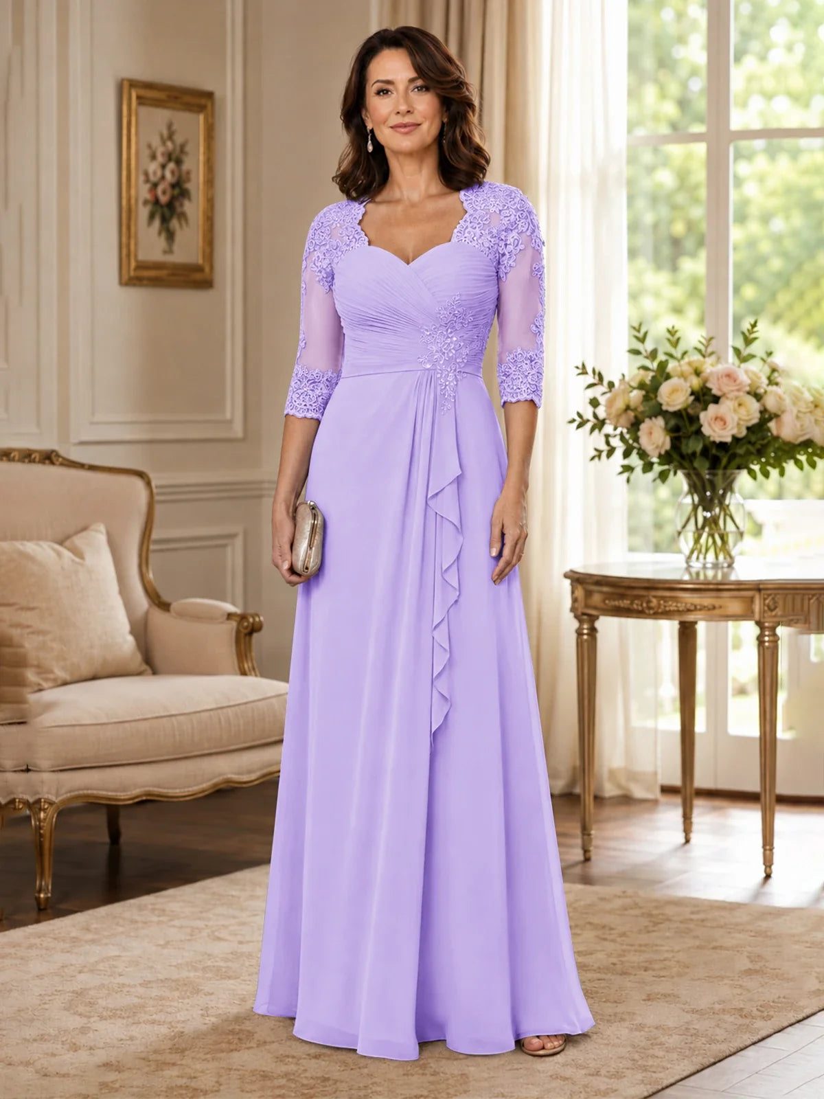 Chiffon Lace Applique Mother of the Bride Dress with 3/4 Sleeves