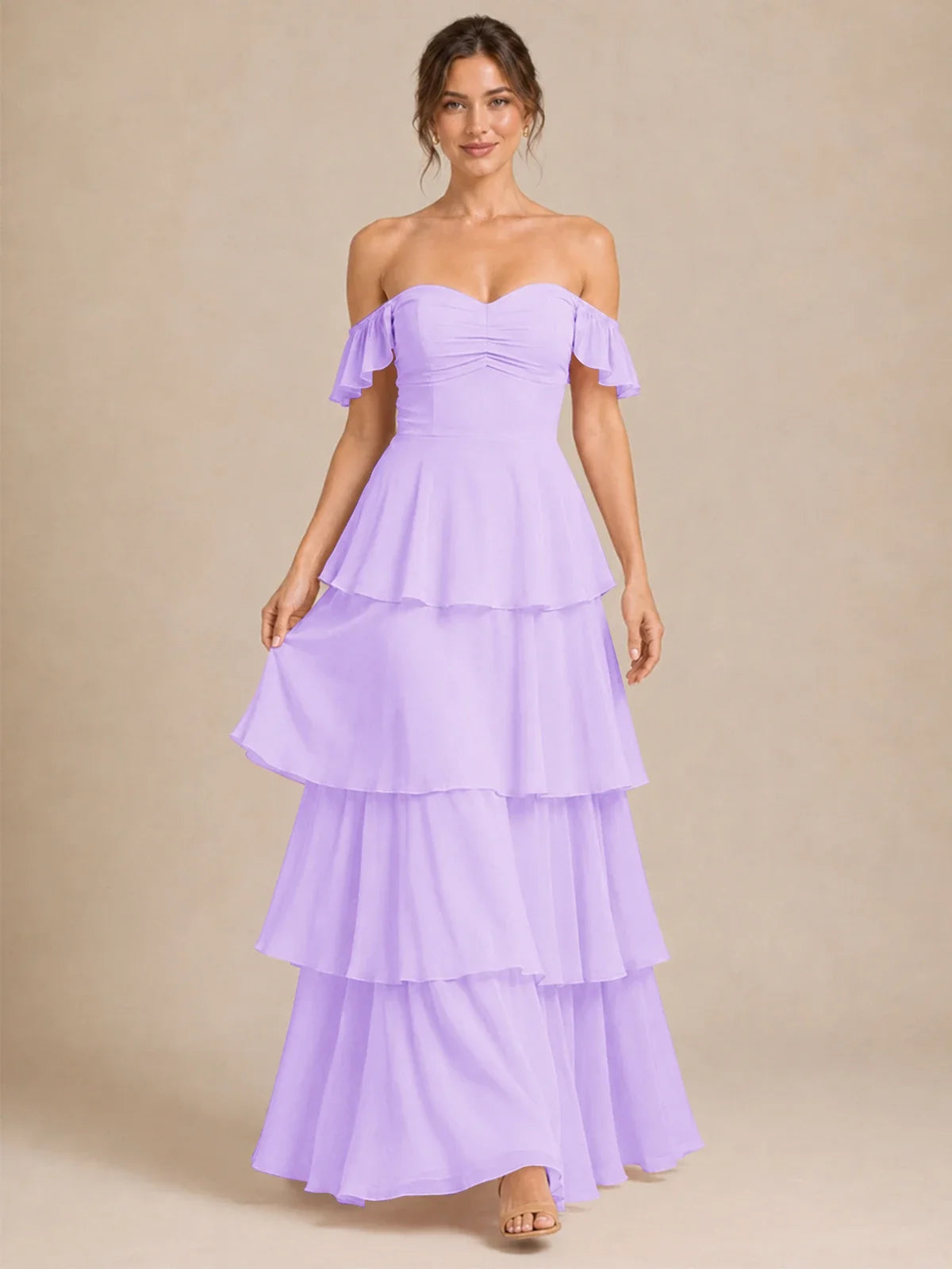 Off Shoulder Tiered Chiffon A-Line Bridesmaid Dress