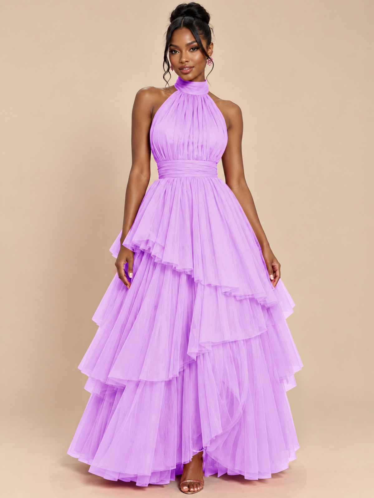 Hot Pink Tulle Halter Neck Tiered Ruffle Maxi Dress