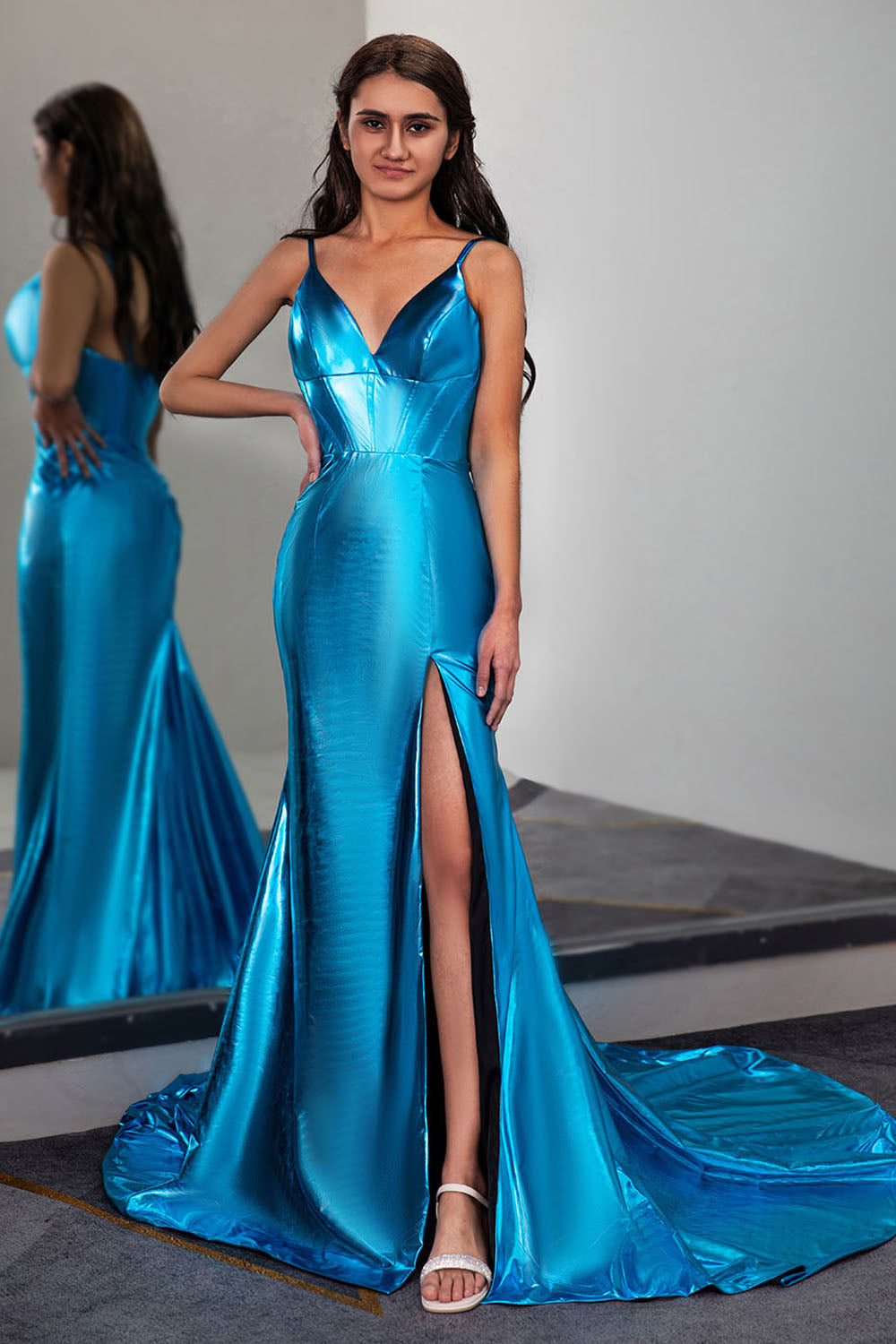 Silky Stretch Satin Prom Gown with High Slit