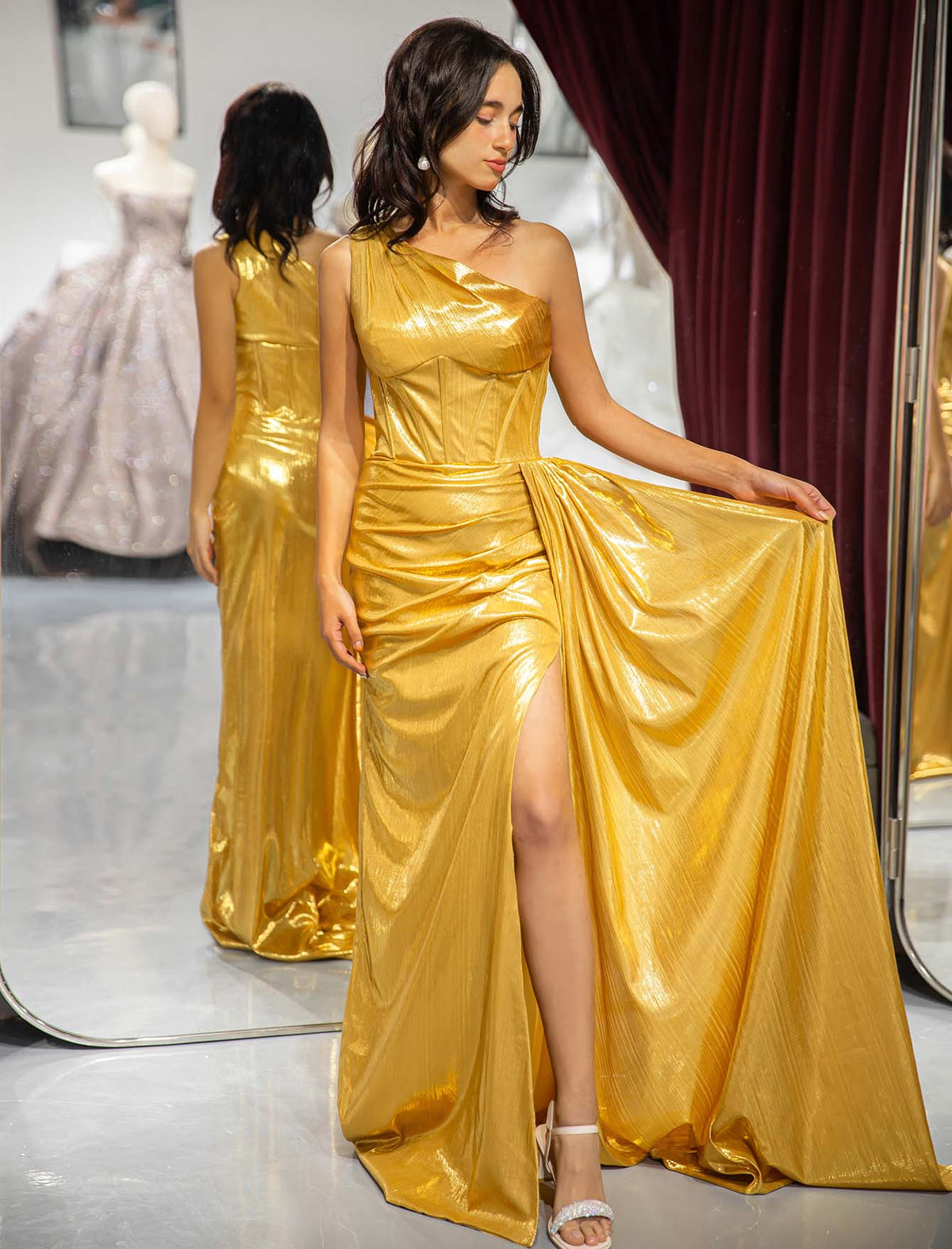 One Shoulder Gold Metallic Prom Dress