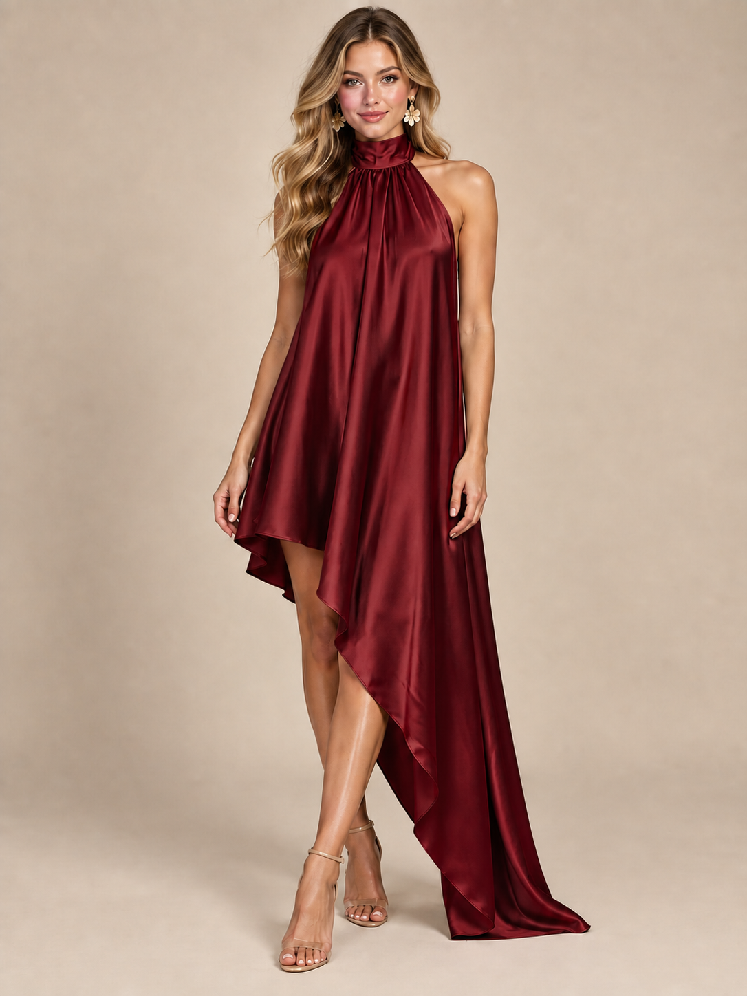 Sage Green Satin Halter Neck High-Low Maxi Dress