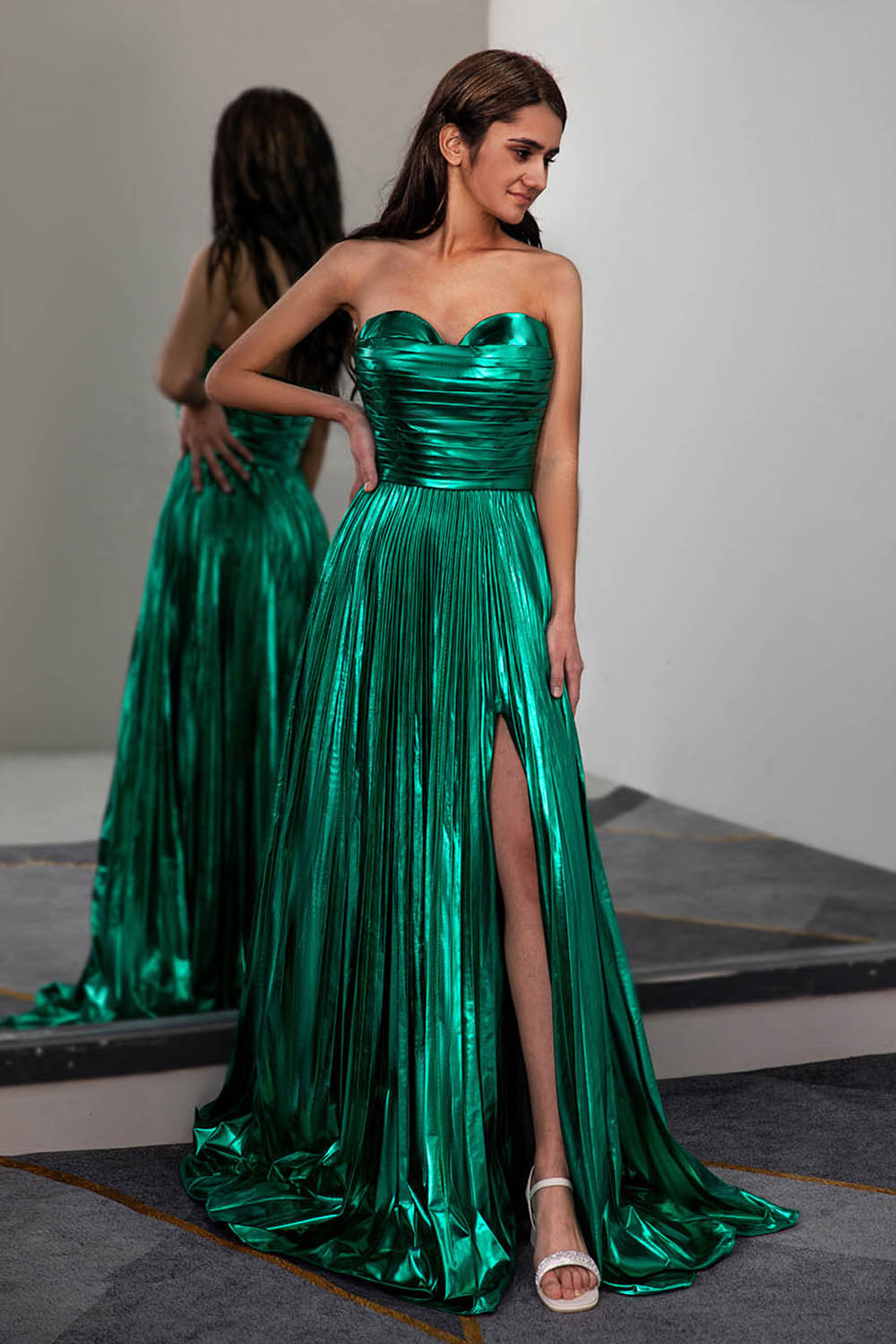 Metallic Strapless Prom Dress with Ruched Bodice