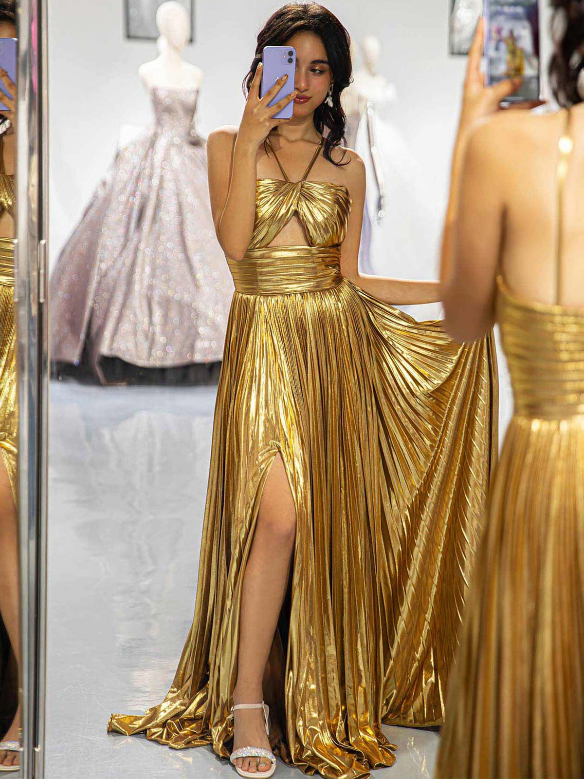 Gold Metallic Keyhole Prom Dress